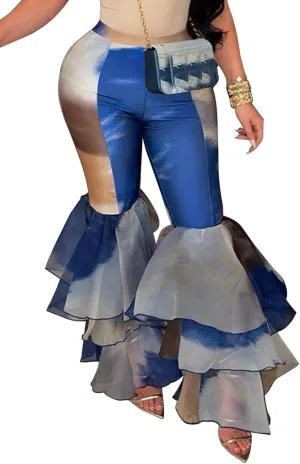 Women's Multi Ruffle Hem Flared Pants Printed High Waisted Bell Bottoms Fashion Trousers Bodycon Pants