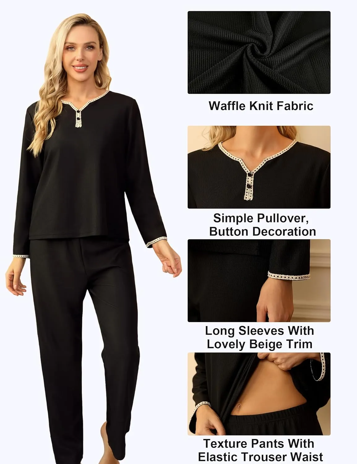 Womens Pajama Sets Petite Pajamas Sleepwear, Cute Waffle Knit Lounge wear Pj Sets