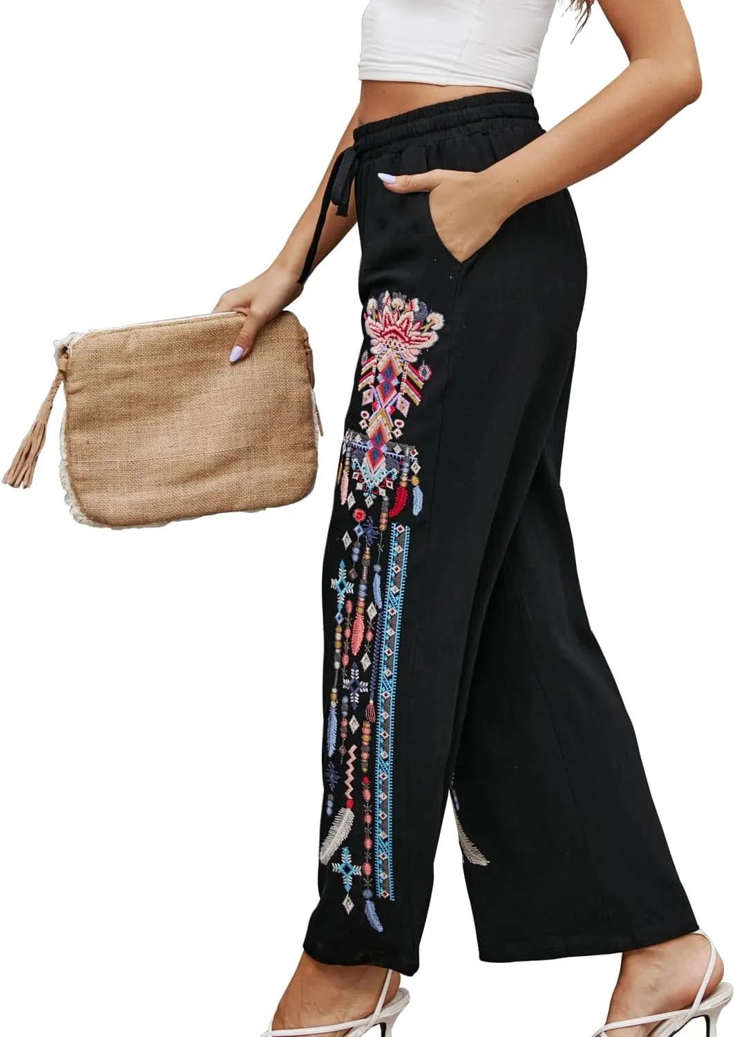 Women's Pants Casual,Floral Embroidered Wide Leg Pants for Women,High Waisted Pants for Women Long Loose Pants.