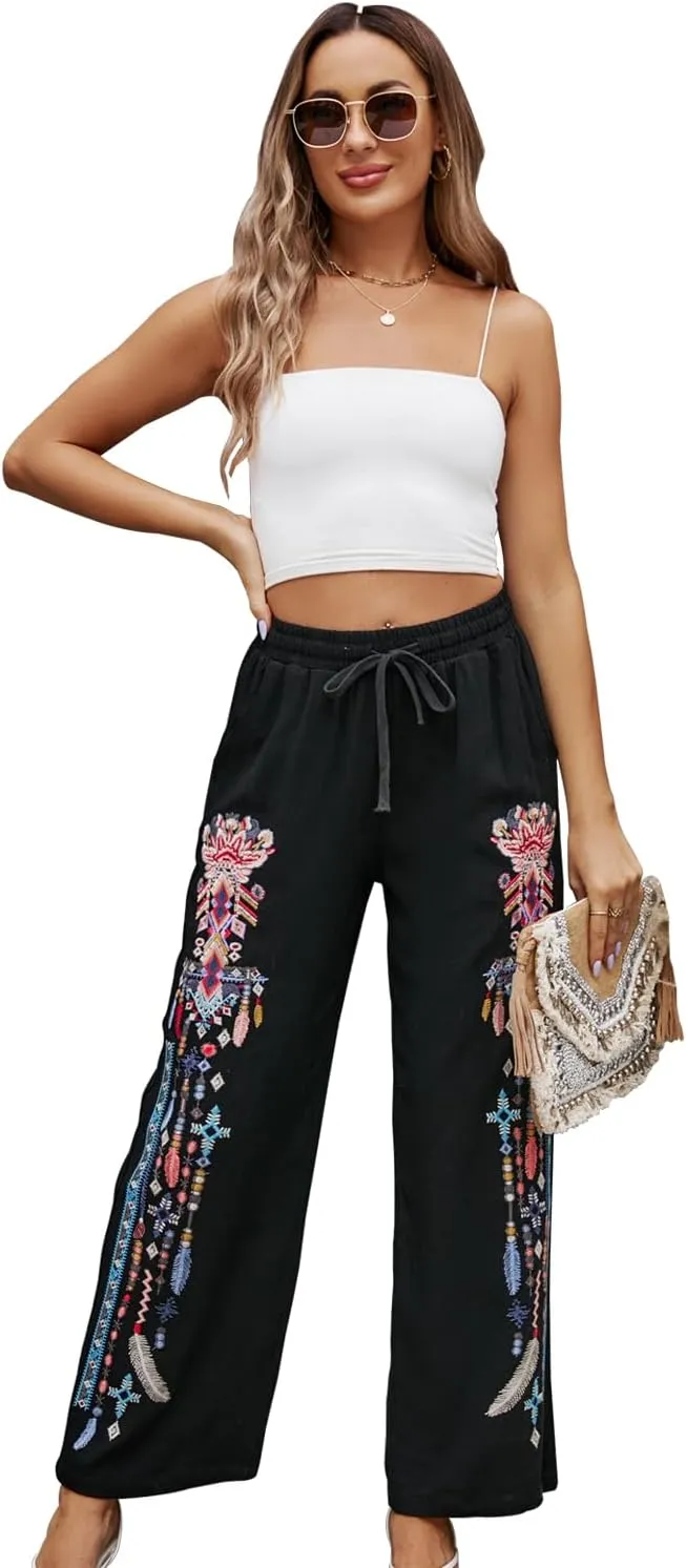 Women's Pants Casual,Floral Embroidered Wide Leg Pants for Women,High Waisted Pants for Women Long Loose Pants.