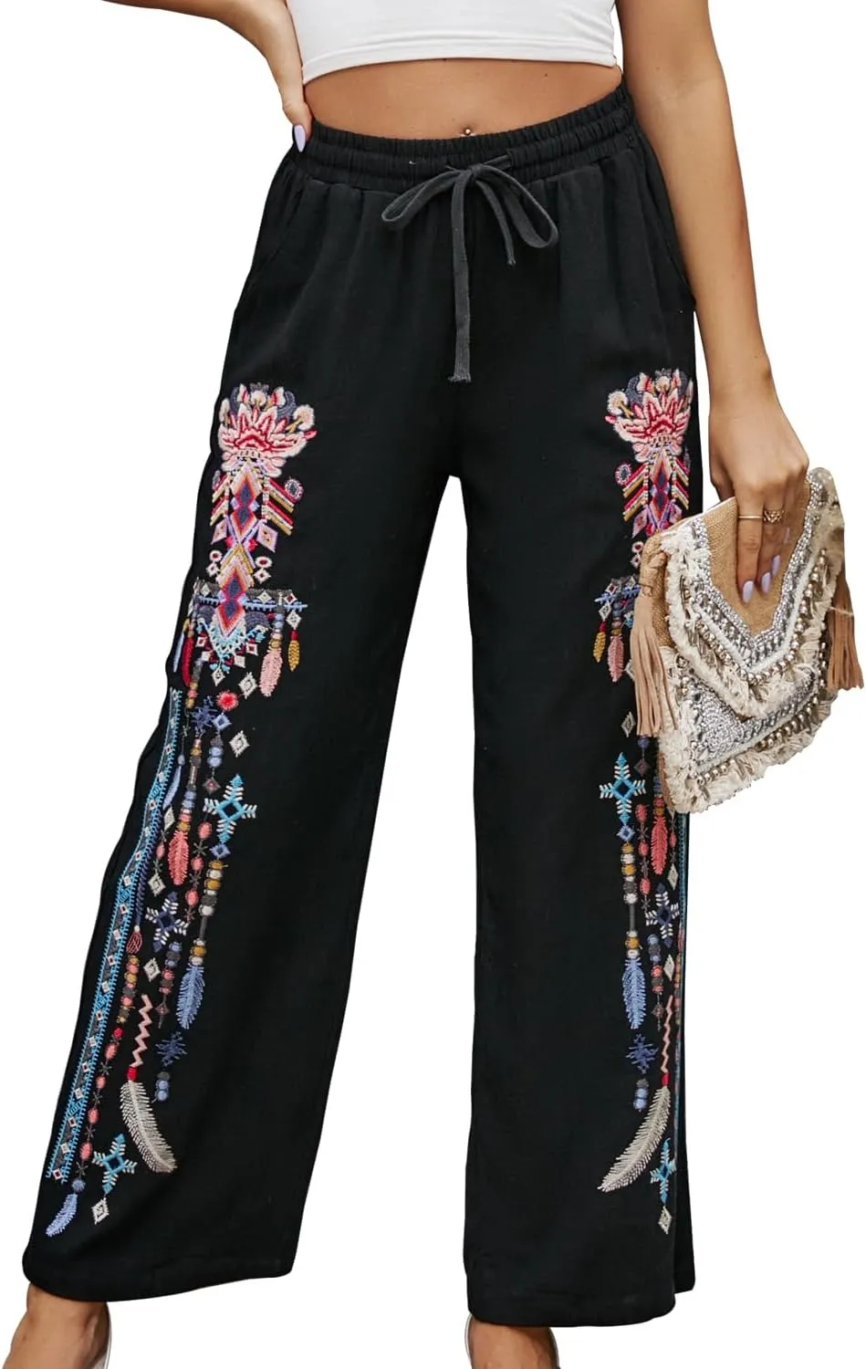 Women's Pants Casual,Floral Embroidered Wide Leg Pants for Women,High Waisted Pants for Women Long Loose Pants.