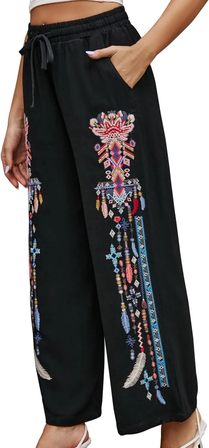 Women's Pants Casual,Floral Embroidered Wide Leg Pants for Women,High Waisted Pants for Women Long Loose Pants.