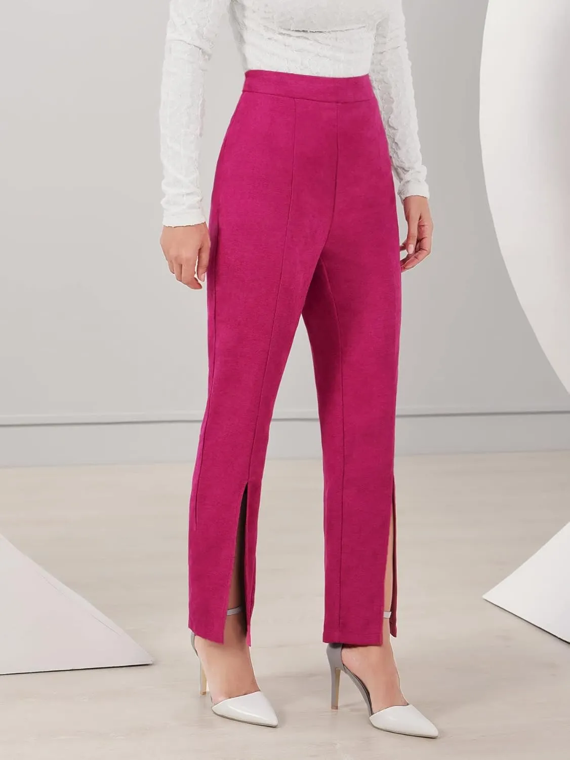 Women's Pants High Waist Split Hem Pants Fashion Casual Pants (Color : Hot Pink, Size : X-Large)