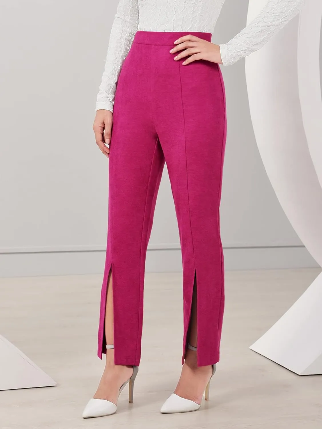 Women's Pants High Waist Split Hem Pants Fashion Casual Pants (Color : Hot Pink, Size : X-Large)