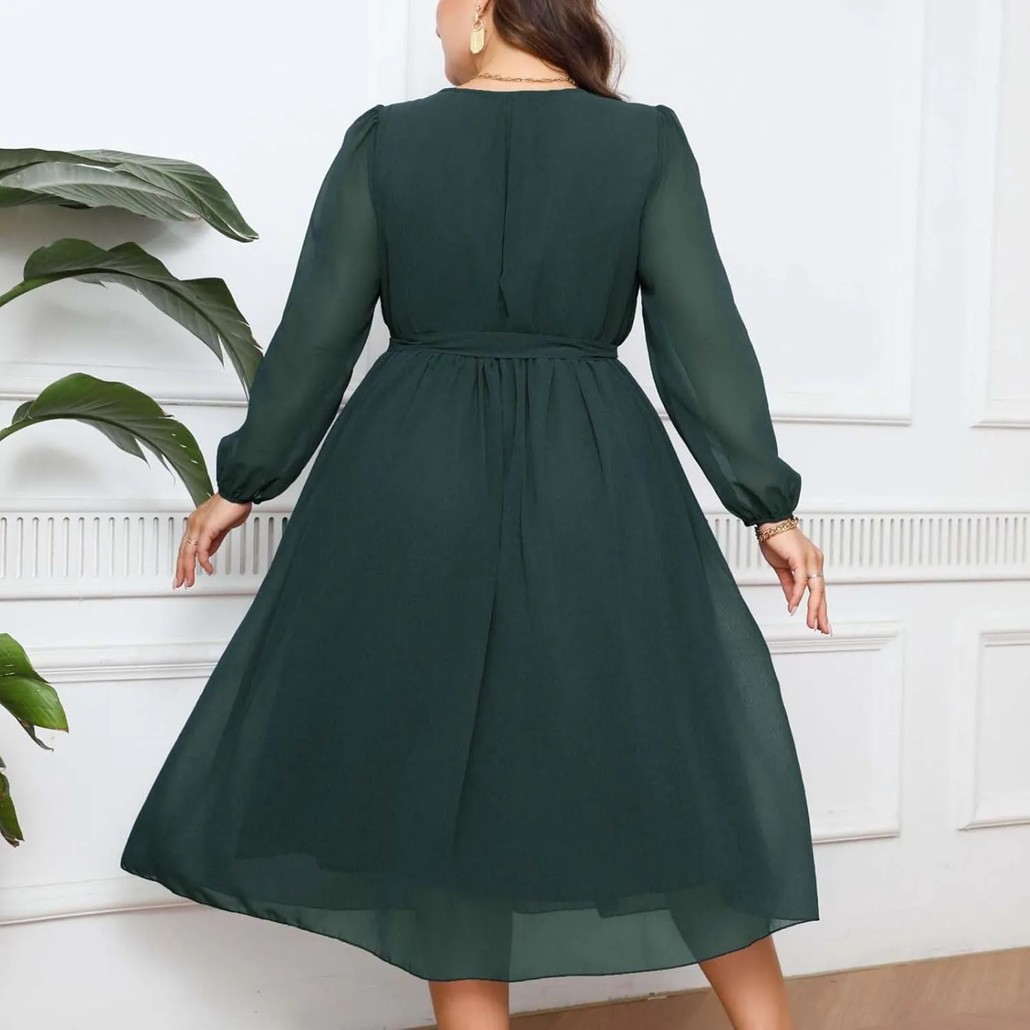 Women's Plus Size Elegant Work Midi Dress Casual Long Sleeves Pleated Knee Length Flowy 2024 Summer Chiffon Dress