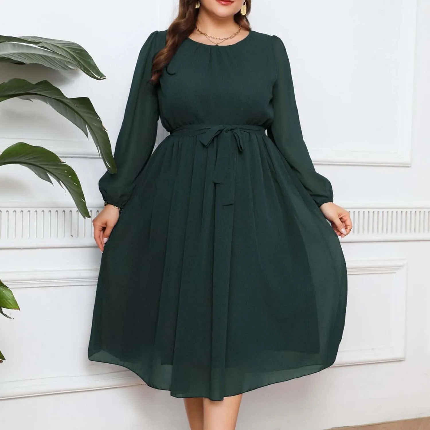 Women's Plus Size Elegant Work Midi Dress Casual Long Sleeves Pleated Knee Length Flowy 2024 Summer Chiffon Dress
