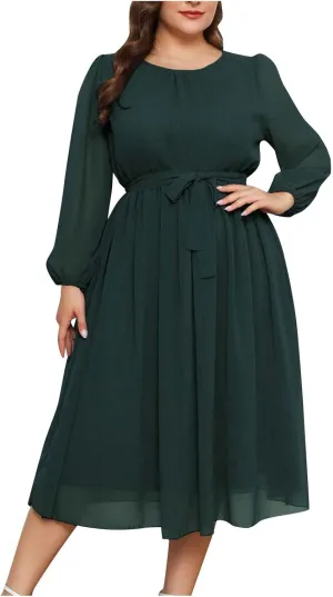 Women's Plus Size Elegant Work Midi Dress Casual Long Sleeves Pleated Knee Length Flowy 2024 Summer Chiffon Dress