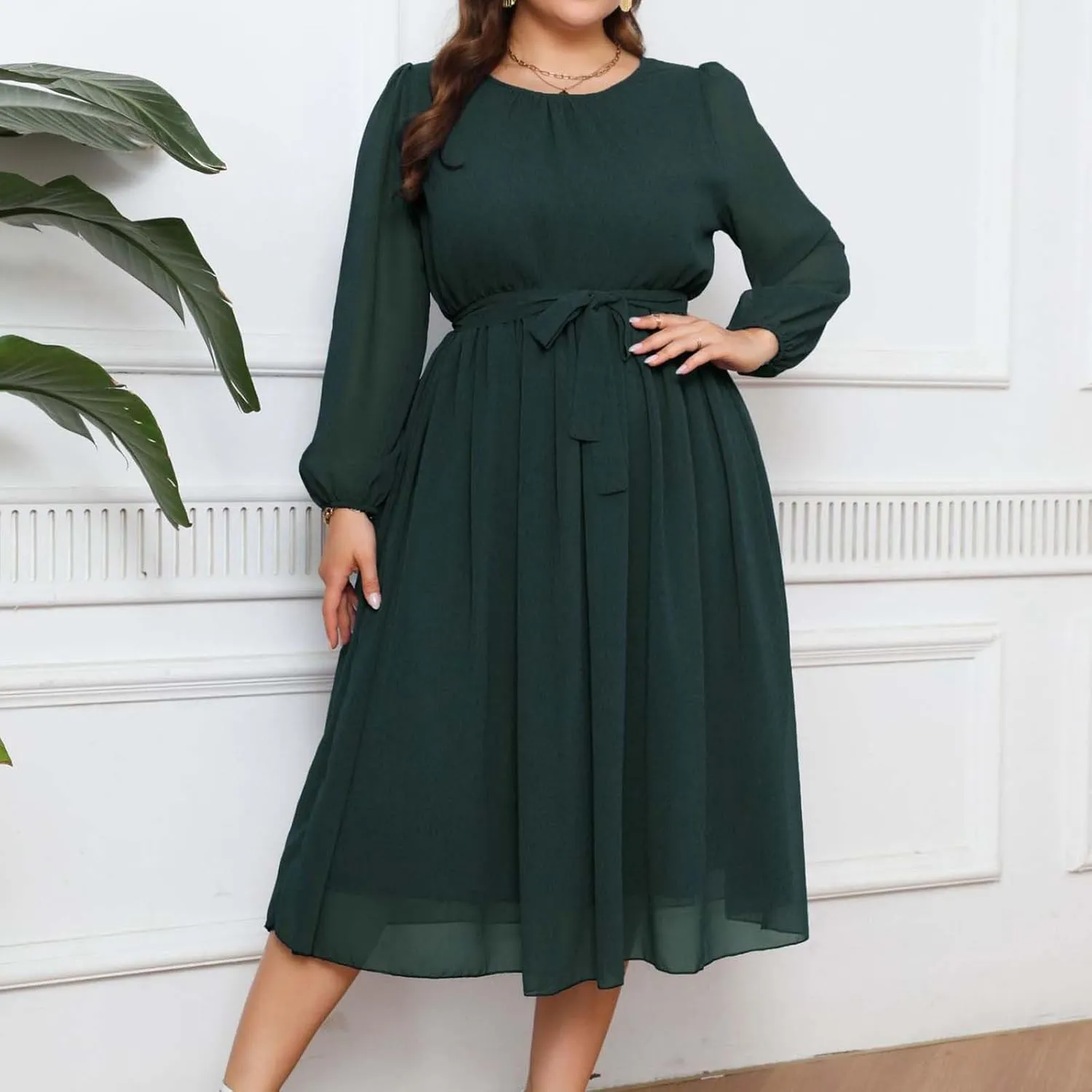Women's Plus Size Elegant Work Midi Dress Casual Long Sleeves Pleated Knee Length Flowy 2024 Summer Chiffon Dress