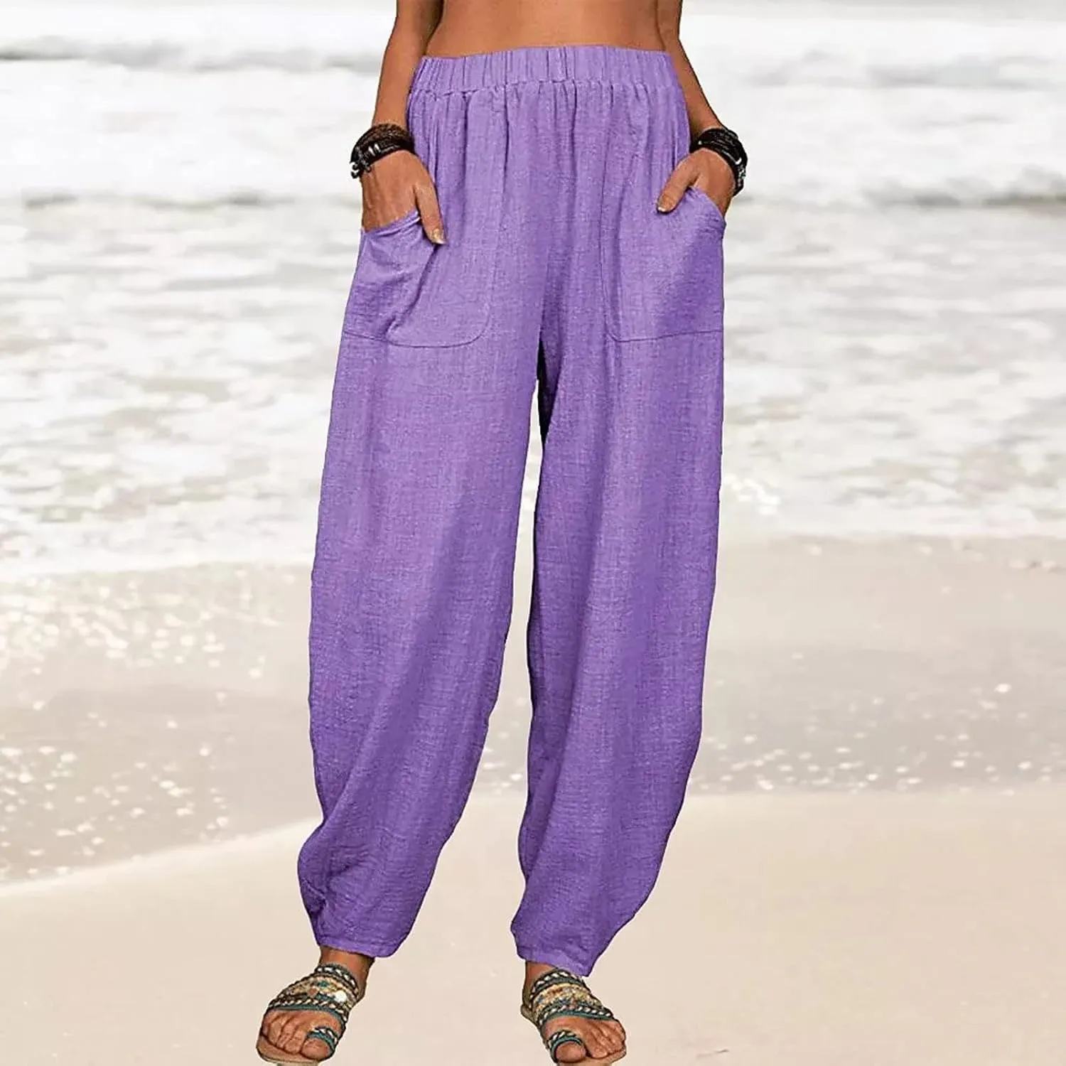 Womens Plus Size Linen Pants Casual High Waist Wide Leg Trousers Summer Trendy Loose Fit Harem Palazzo with Pocket