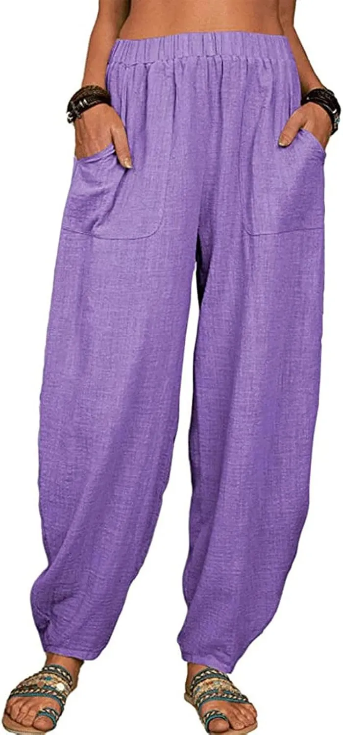 Womens Plus Size Linen Pants Casual High Waist Wide Leg Trousers Summer Trendy Loose Fit Harem Palazzo with Pocket