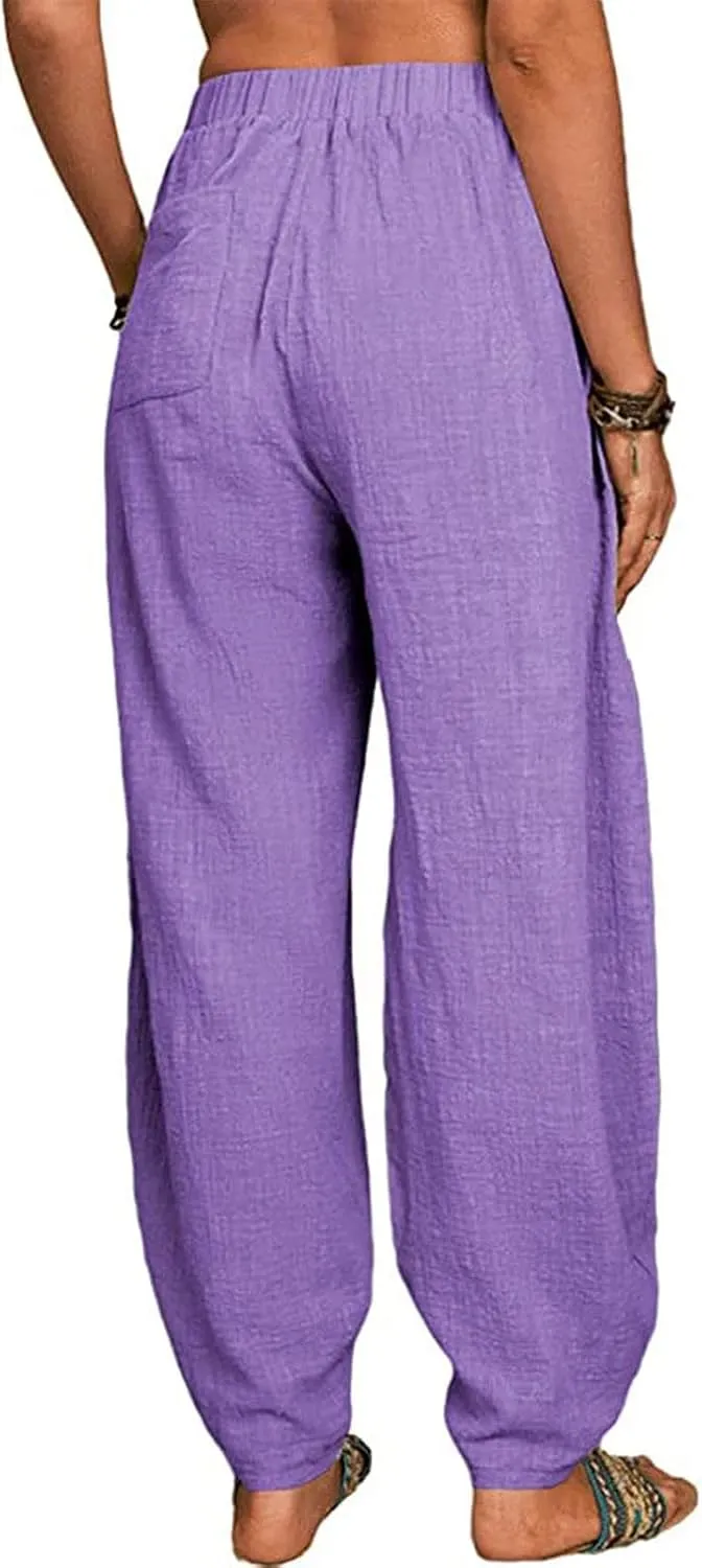 Womens Plus Size Linen Pants Casual High Waist Wide Leg Trousers Summer Trendy Loose Fit Harem Palazzo with Pocket