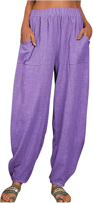 Womens Plus Size Linen Pants Casual High Waist Wide Leg Trousers Summer Trendy Loose Fit Harem Palazzo with Pocket
