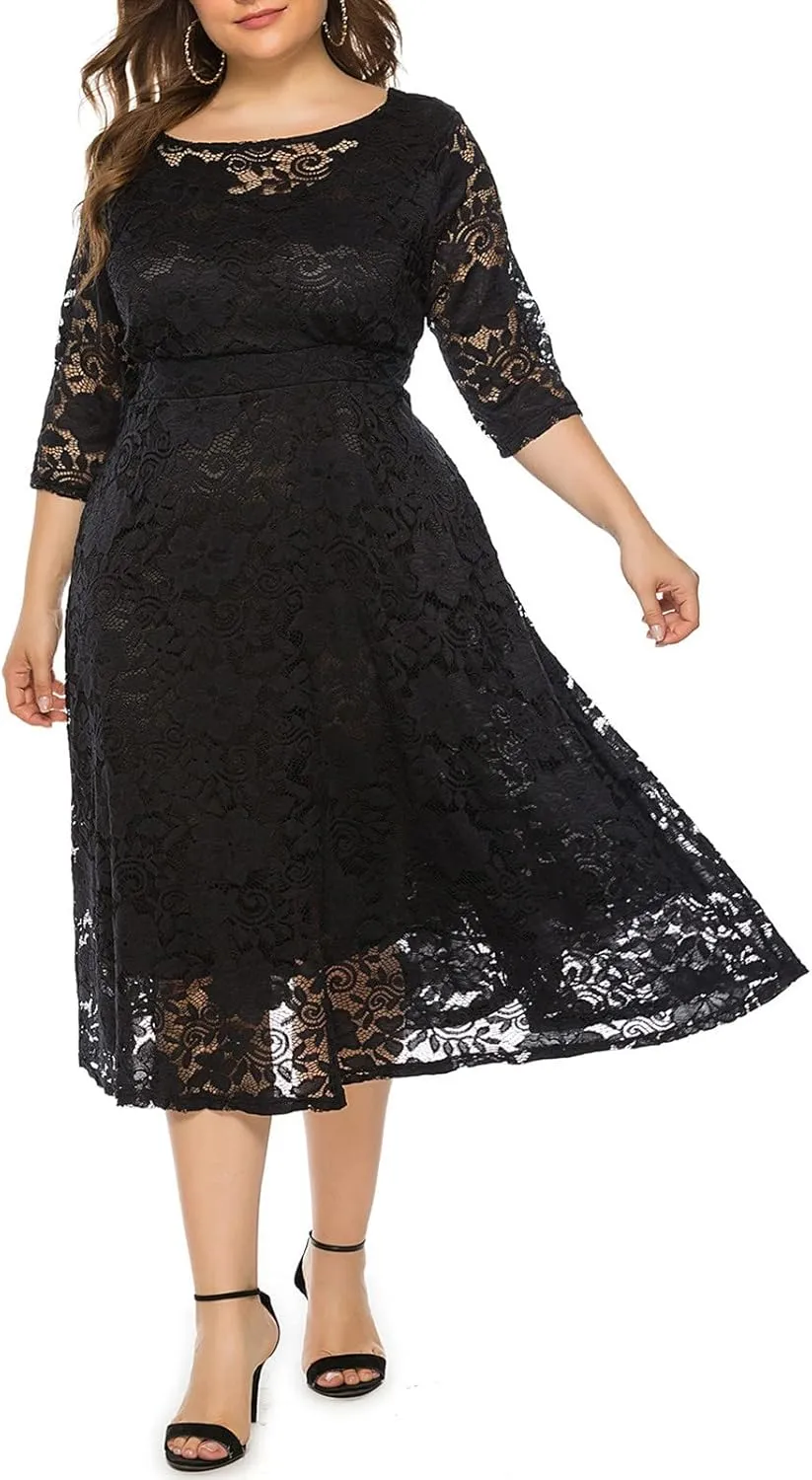 Womens Plus Size Wedding Guest Dresses A-Line Floral Lace Flowy Cocktail Party Dress Scoop Neck 3/4 Sleeve Midi Dress