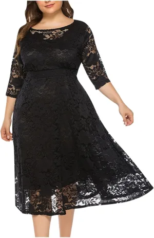 Womens Plus Size Wedding Guest Dresses A-Line Floral Lace Flowy Cocktail Party Dress Scoop Neck 3/4 Sleeve Midi Dress