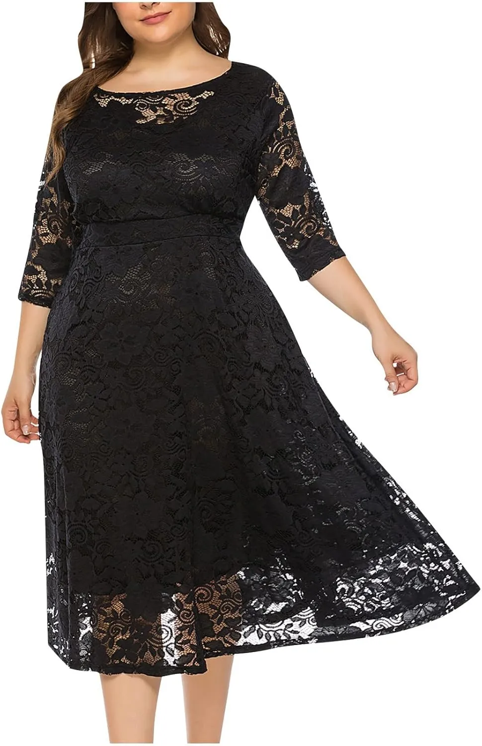 Womens Plus Size Wedding Guest Dresses A-Line Floral Lace Flowy Cocktail Party Dress Scoop Neck 3/4 Sleeve Midi Dress
