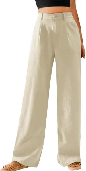 Women's Pull On High Waist Wide-Leg Pants Button Down Straight Long Trousers Slack Flowy Palazzo Pant with Pocket