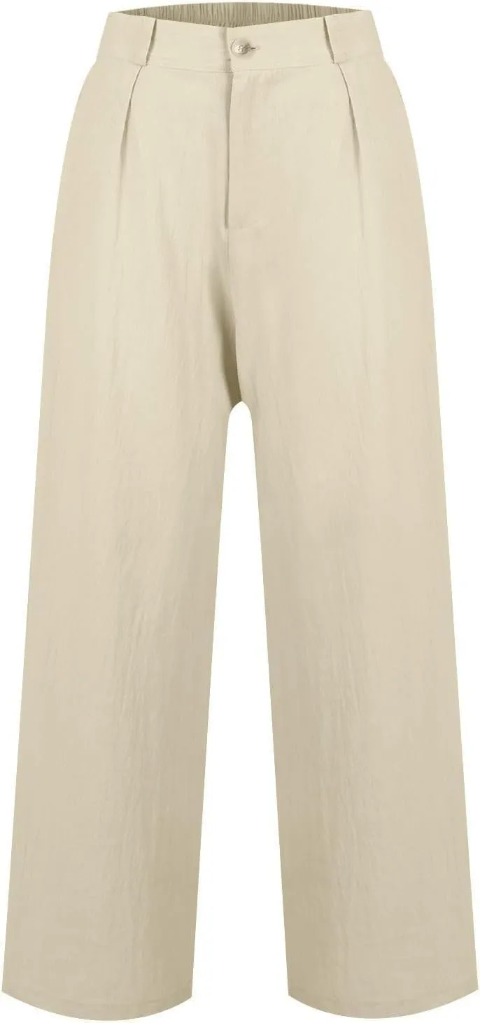 Women's Pull On High Waist Wide-Leg Pants Button Down Straight Long Trousers Slack Flowy Palazzo Pant with Pocket
