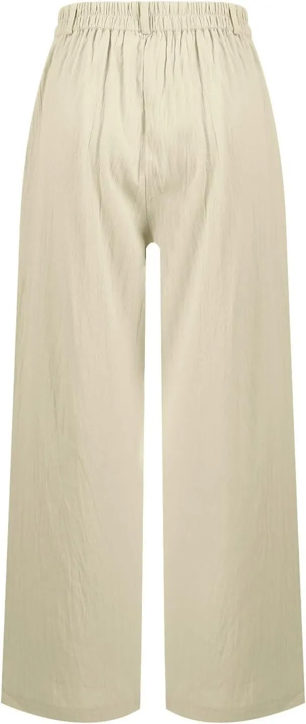 Women's Pull On High Waist Wide-Leg Pants Button Down Straight Long Trousers Slack Flowy Palazzo Pant with Pocket