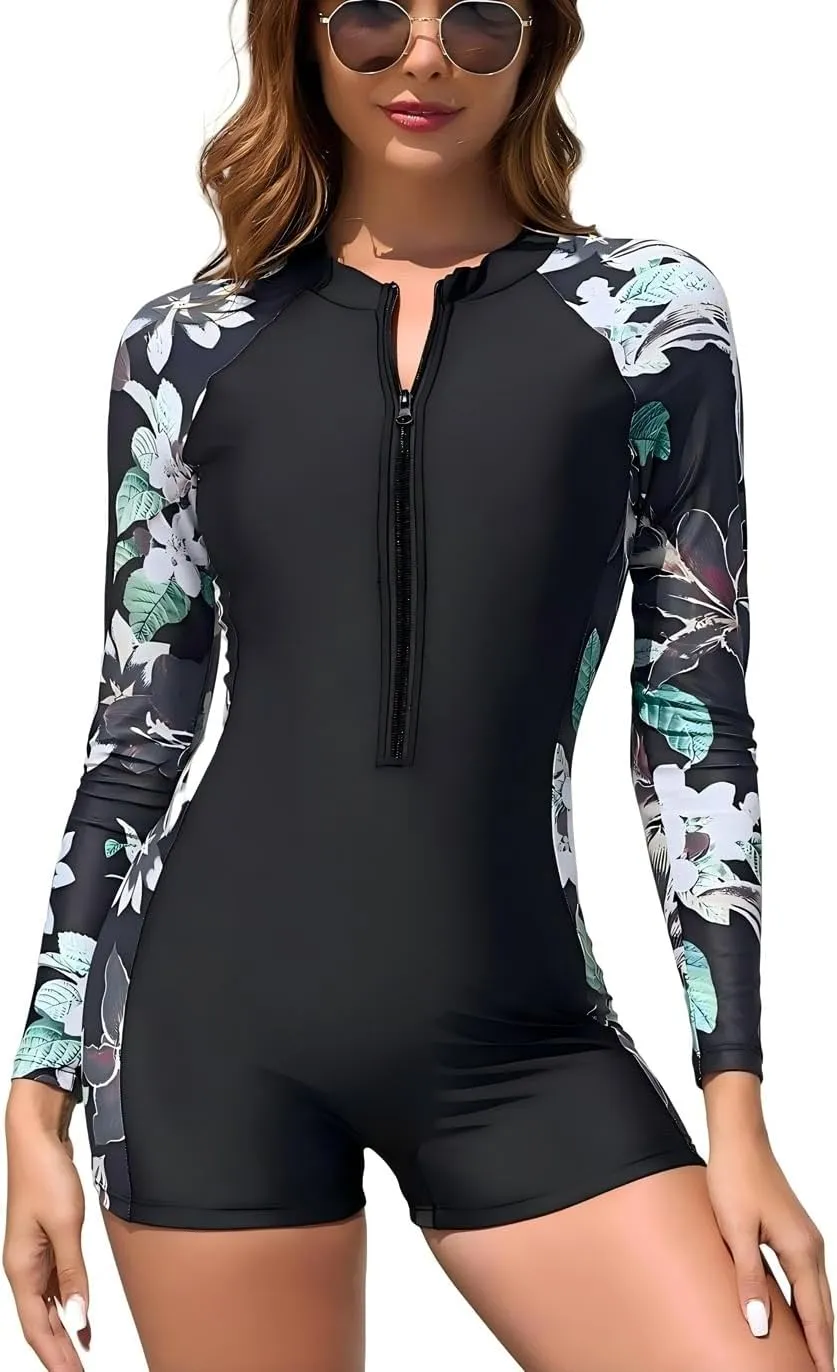 Womens Rash Guard Long Sleeve One Piece Swimsuits Zipper Front with Boy Shorts Swim Shirt Uv Protection UPF 50