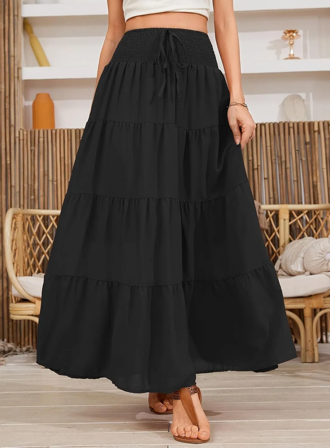 Womens Ruffle Maxi Skirts:High-Waist Elastic Pleated Long Skirt-Summer Casual Boho Flowy Skirts with Drawstring