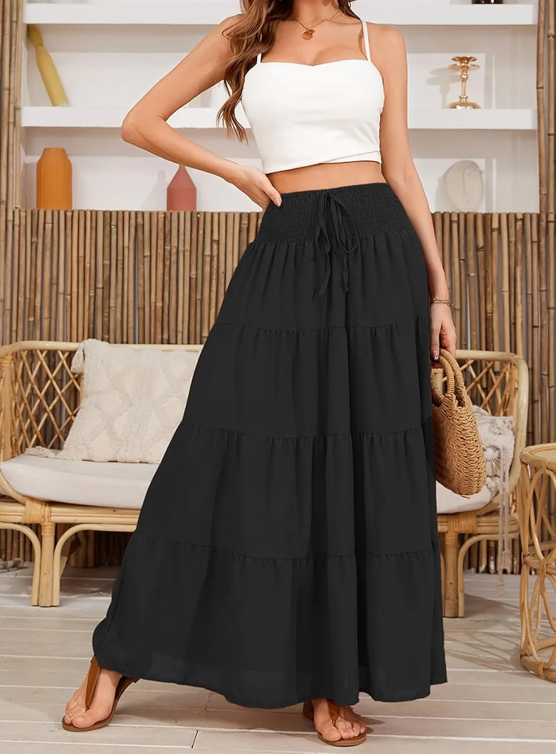 Womens Ruffle Maxi Skirts:High-Waist Elastic Pleated Long Skirt-Summer Casual Boho Flowy Skirts with Drawstring