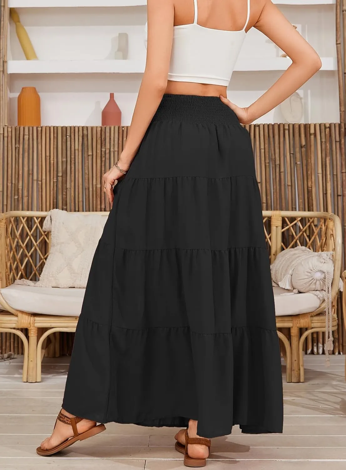 Womens Ruffle Maxi Skirts:High-Waist Elastic Pleated Long Skirt-Summer Casual Boho Flowy Skirts with Drawstring