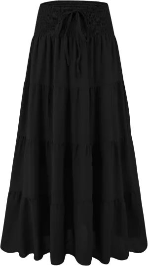 Womens Ruffle Maxi Skirts:High-Waist Elastic Pleated Long Skirt-Summer Casual Boho Flowy Skirts with Drawstring