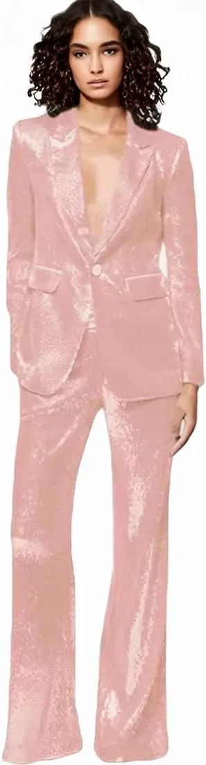 Women's Sequined Fashion Suit Set One Button 2 Piece Wedding Tuxedos Blazer Pants Prom Party Outfit