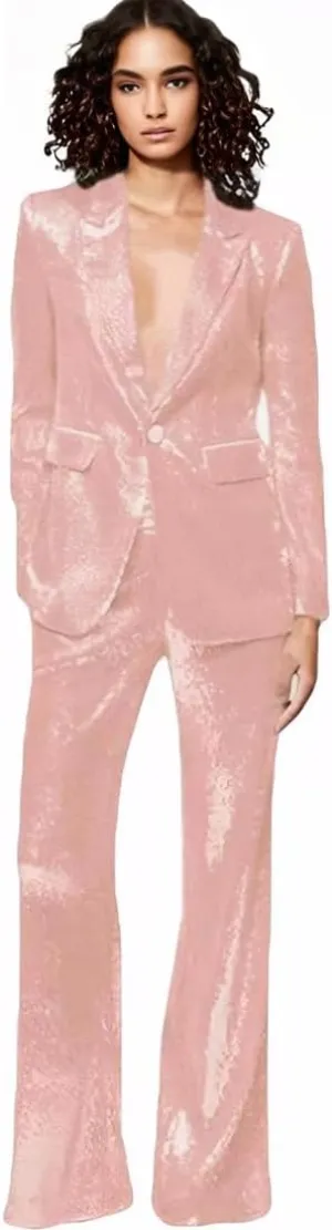 Women's Sequined Fashion Suit Set One Button 2 Piece Wedding Tuxedos Blazer Pants Prom Party Outfit