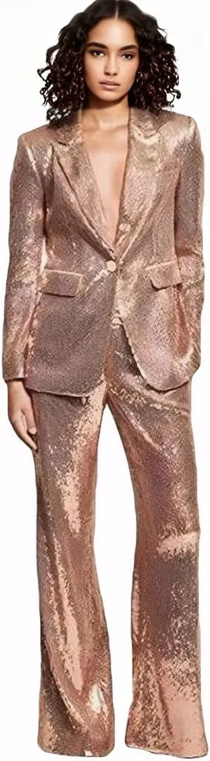 Women's Sequined Fashion Suit Set One Button 2 Piece Wedding Tuxedos Blazer Pants Prom Party Outfit