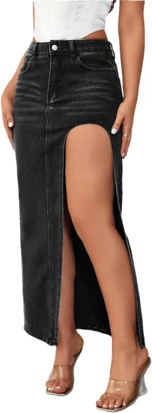 Women's Sexy Side Slit High Waisted Denim Skirt with Pockets Slim Fit Button Down Skinny Jeans Skirt