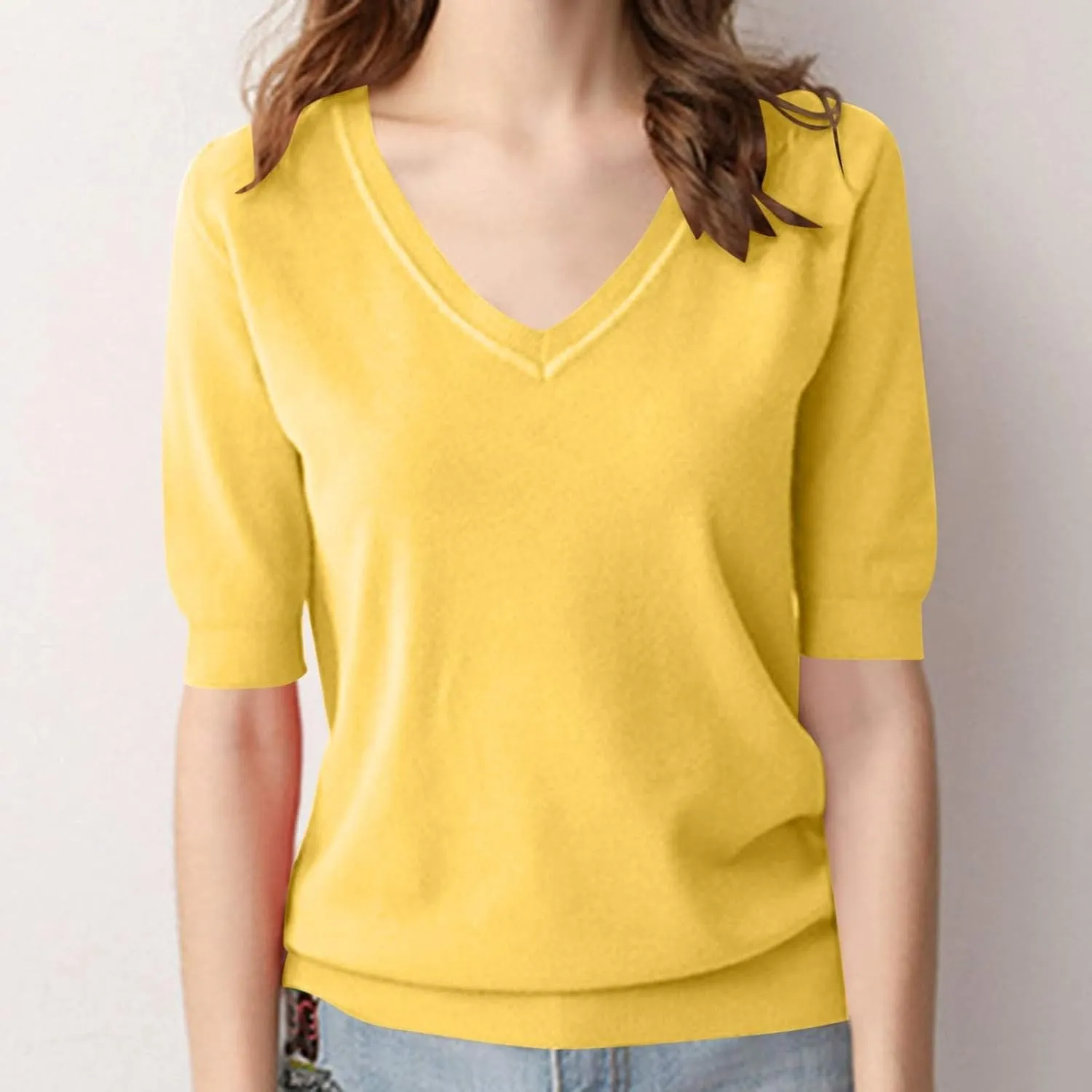 Women's Solid Color Knitted V-Neck Top Casual T-Shirt with Mid Sleeves,2024 Fall&Winter Trendy Womens Loose Tops