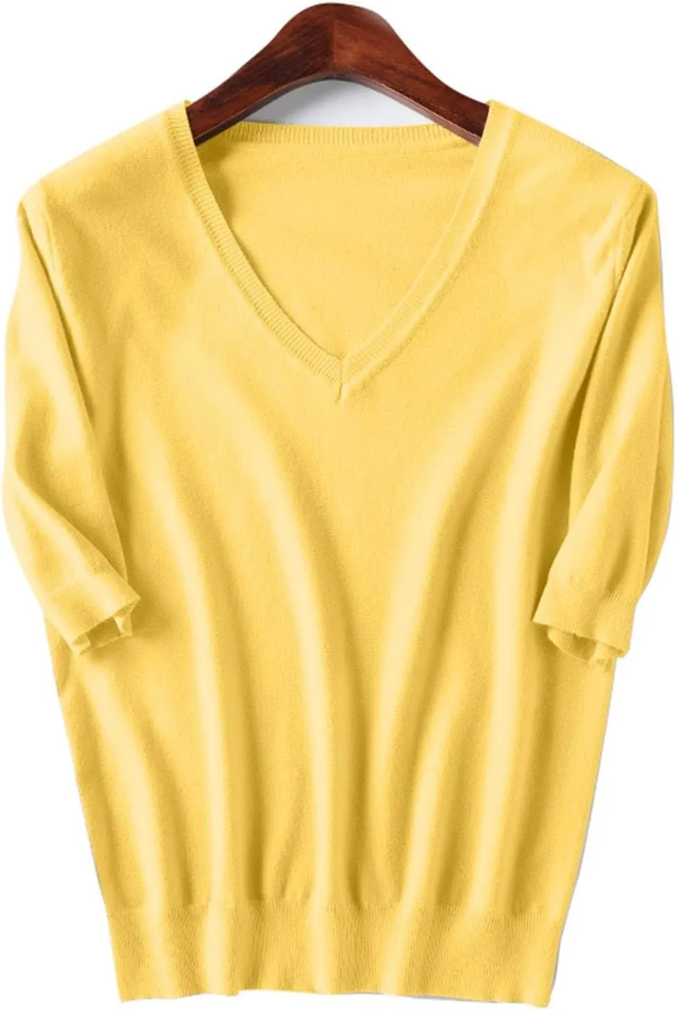 Women's Solid Color Knitted V-Neck Top Casual T-Shirt with Mid Sleeves,2024 Fall&Winter Trendy Womens Loose Tops