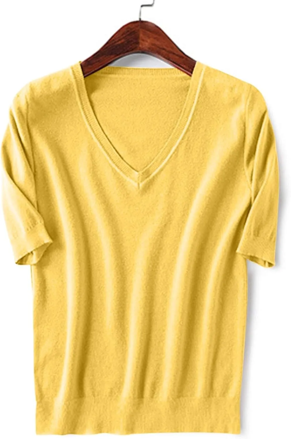 Women's Solid Color Knitted V-Neck Top Casual T-Shirt with Mid Sleeves,2024 Fall&Winter Trendy Womens Loose Tops