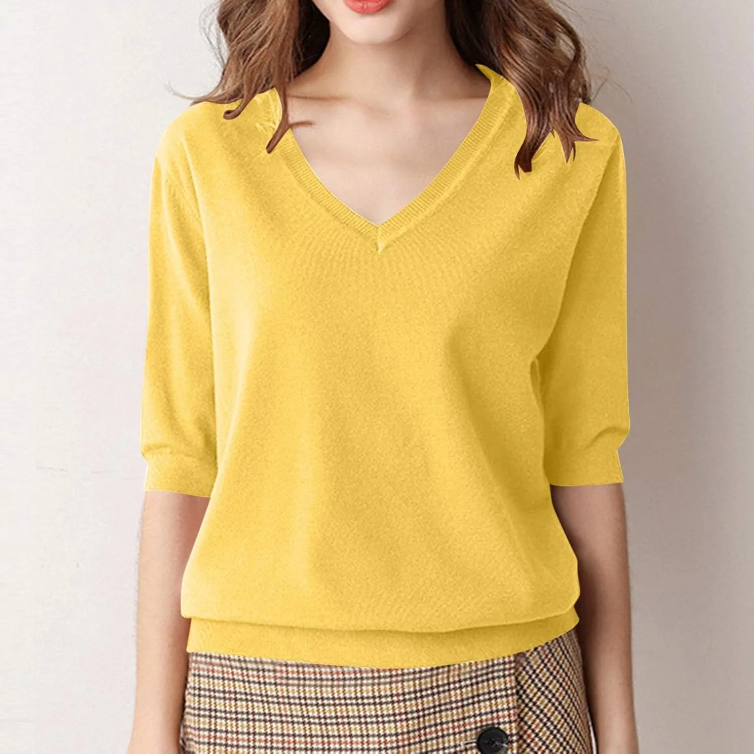 Women's Solid Color Knitted V-Neck Top Casual T-Shirt with Mid Sleeves,2024 Fall&Winter Trendy Womens Loose Tops