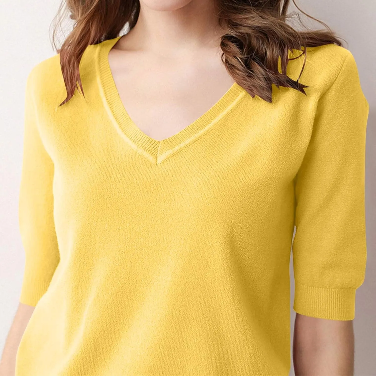 Women's Solid Color Knitted V-Neck Top Casual T-Shirt with Mid Sleeves,2024 Fall&Winter Trendy Womens Loose Tops