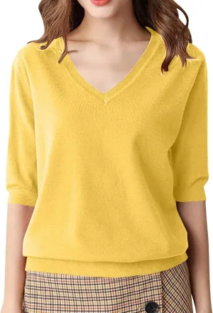 Women's Solid Color Knitted V-Neck Top Casual T-Shirt with Mid Sleeves,2024 Fall&Winter Trendy Womens Loose Tops