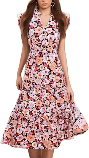 Women's Summer Boho Flowy Midi Dress, Fashion Floral Print Cap Sleeve V-Neck Casual Clothes Ruched High Waist Dresses