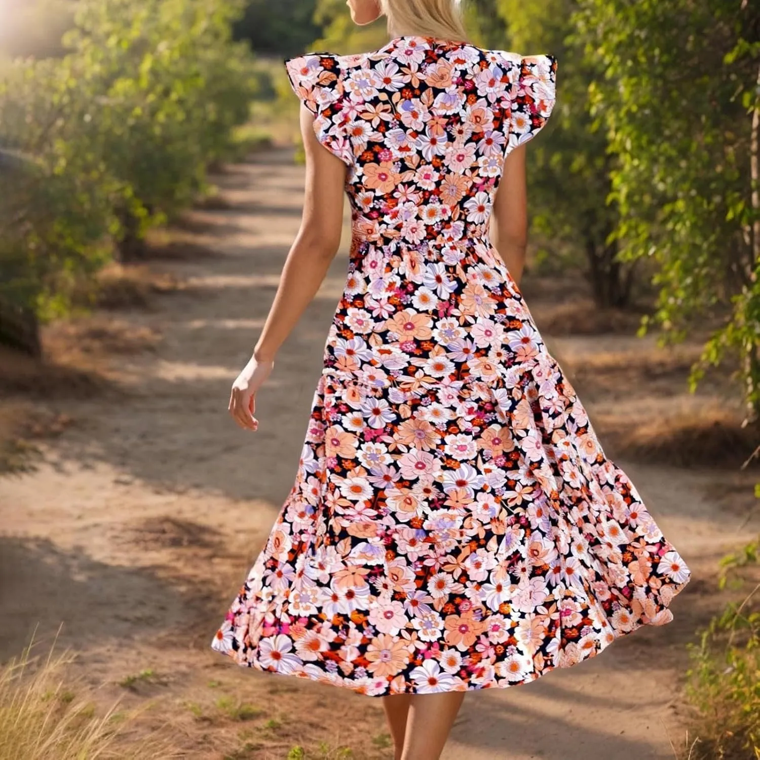 Women's Summer Boho Flowy Midi Dress, Fashion Floral Print Cap Sleeve V-Neck Casual Clothes Ruched High Waist Dresses