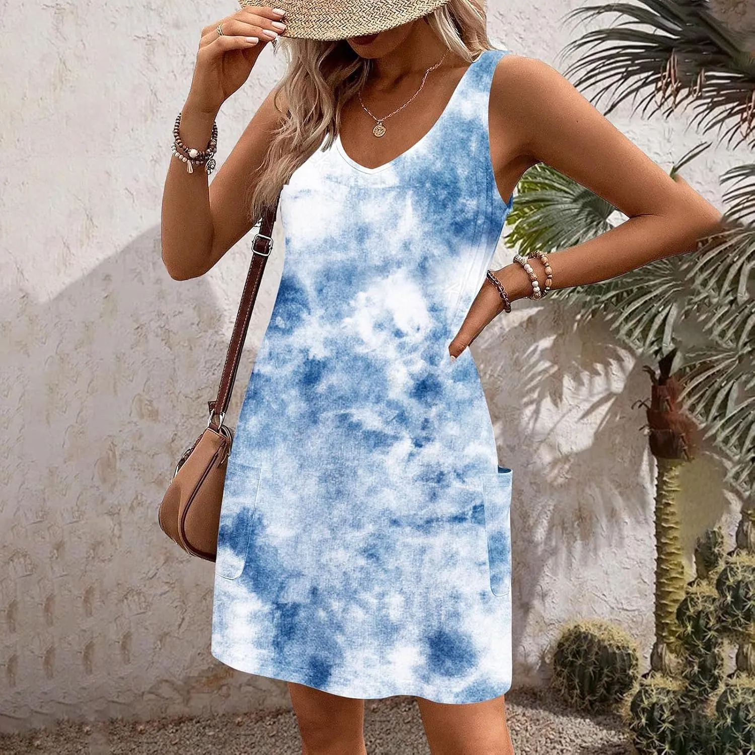 Womens Summer Dresses Beach Boho Floral Casual Loose Mini Dress Sleeveless Vacation Trendy Swimsuit Coverup Sundress