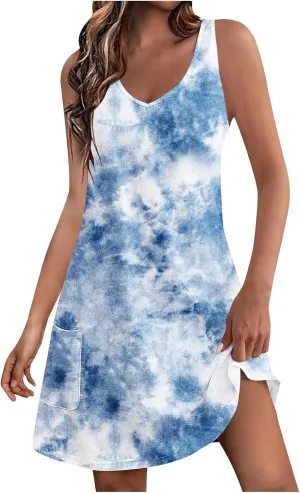 Womens Summer Dresses Beach Boho Floral Casual Loose Mini Dress Sleeveless Vacation Trendy Swimsuit Coverup Sundress