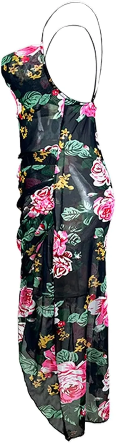 Womens Summer Slip Bodycon Dress Floral Square Neck Sexy Dresses Spaghetti Strap Slit Party Club Midi Dress