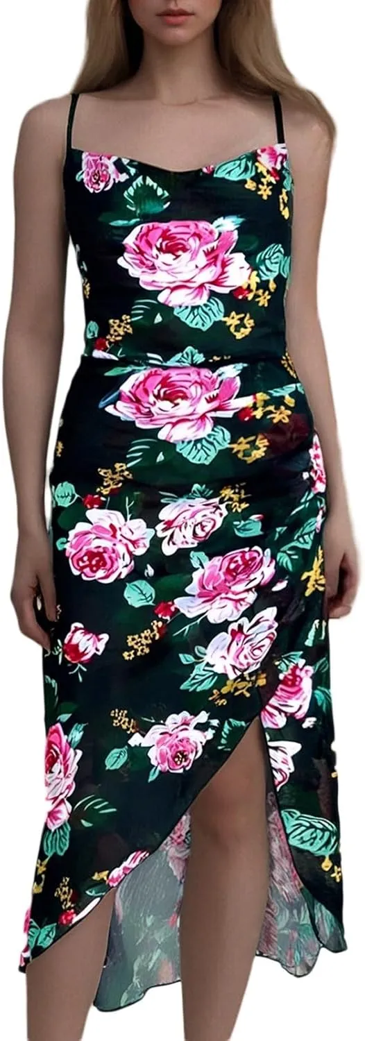 Womens Summer Slip Bodycon Dress Floral Square Neck Sexy Dresses Spaghetti Strap Slit Party Club Midi Dress