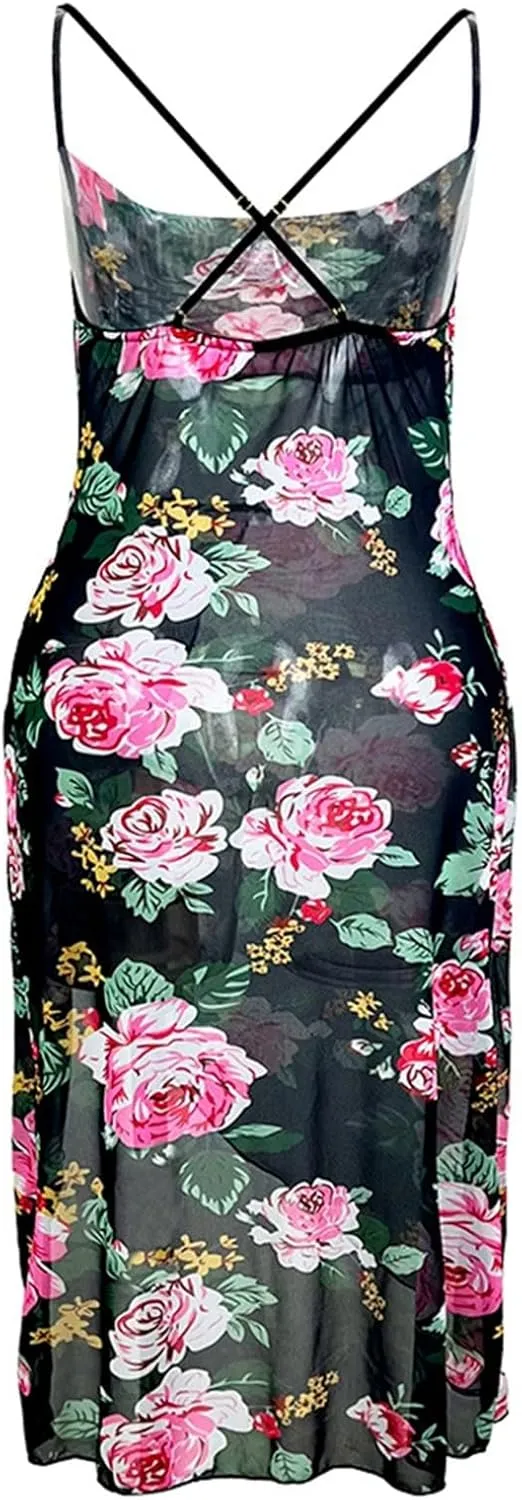 Womens Summer Slip Bodycon Dress Floral Square Neck Sexy Dresses Spaghetti Strap Slit Party Club Midi Dress