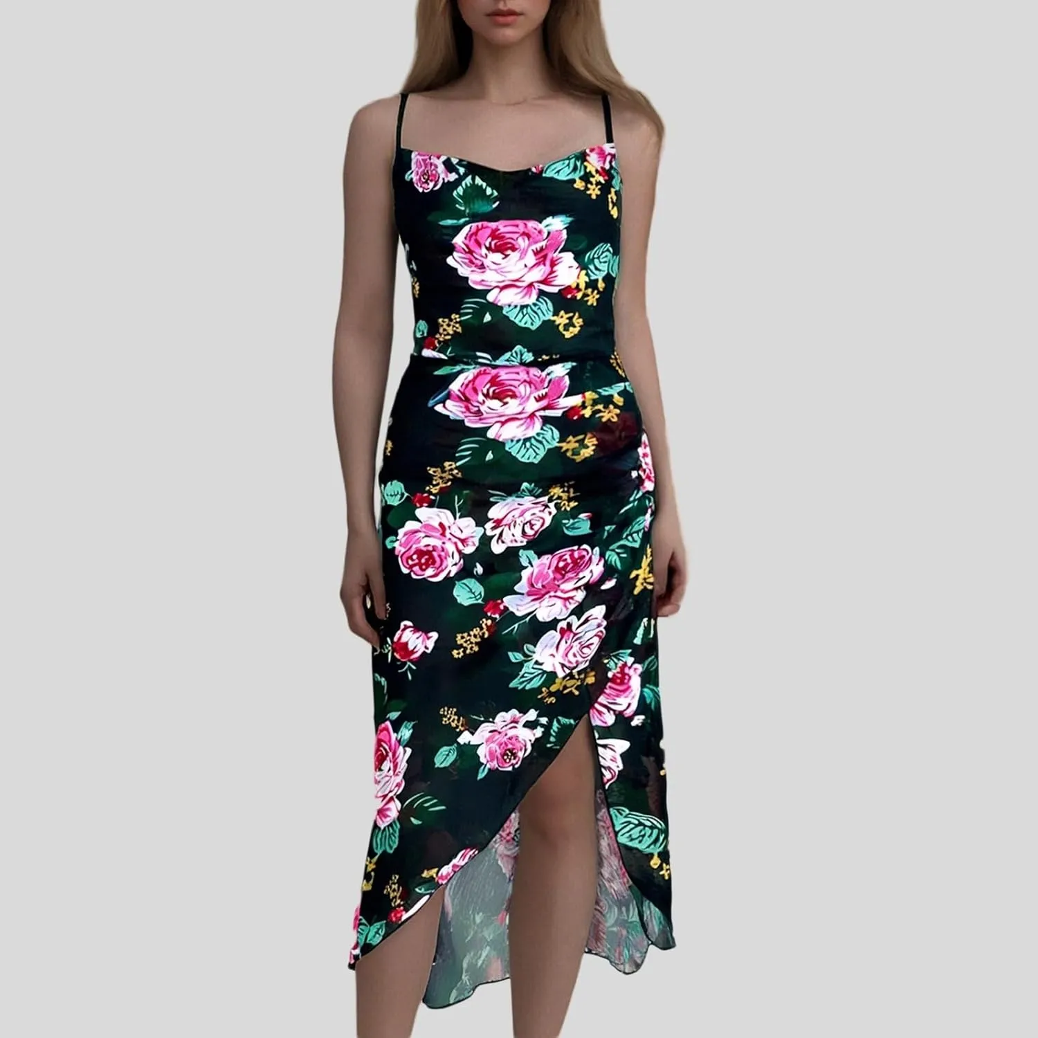 Womens Summer Slip Bodycon Dress Floral Square Neck Sexy Dresses Spaghetti Strap Slit Party Club Midi Dress