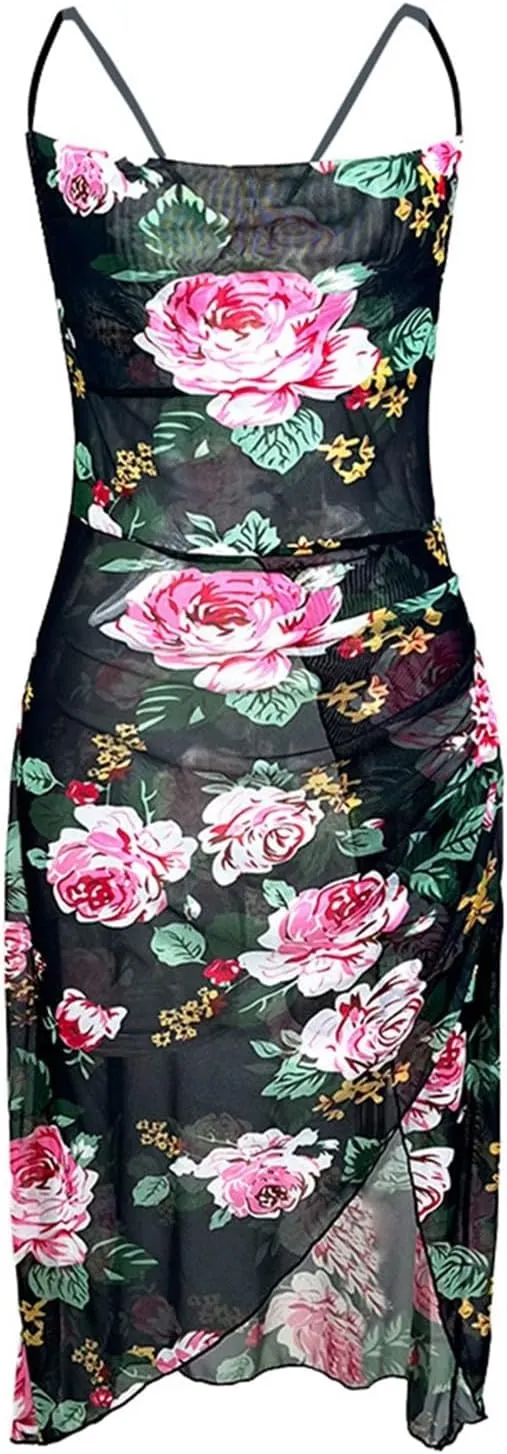 Womens Summer Slip Bodycon Dress Floral Square Neck Sexy Dresses Spaghetti Strap Slit Party Club Midi Dress