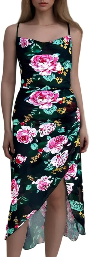 Womens Summer Slip Bodycon Dress Floral Square Neck Sexy Dresses Spaghetti Strap Slit Party Club Midi Dress