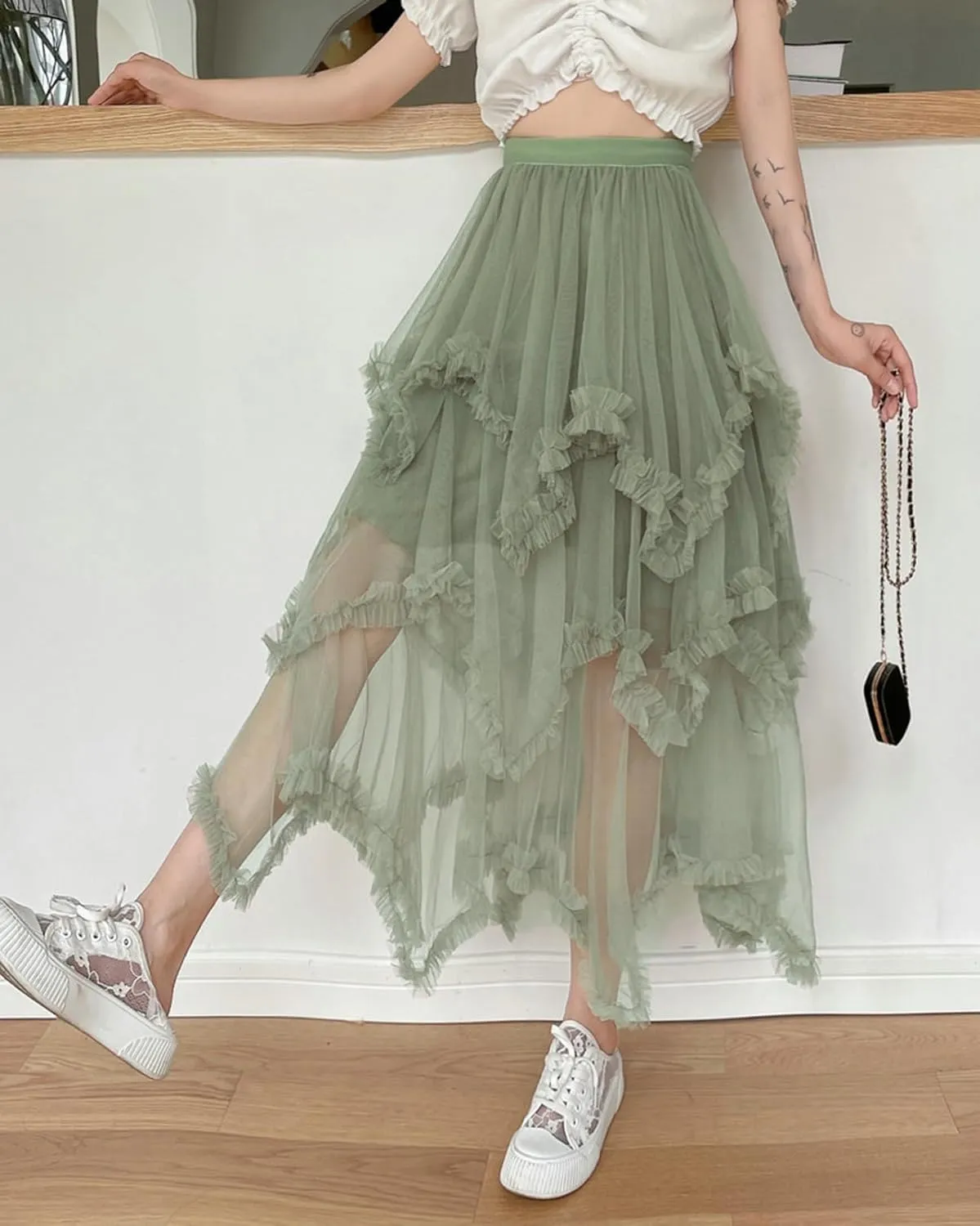 Women's Tulle Skirt A-Line Midi Skirts Irregular Underskirt Ladies Elegant Layered Skirt for Wedding Party Prom