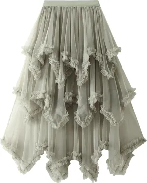 Women's Tulle Skirt A-Line Midi Skirts Irregular Underskirt Ladies Elegant Layered Skirt for Wedding Party Prom