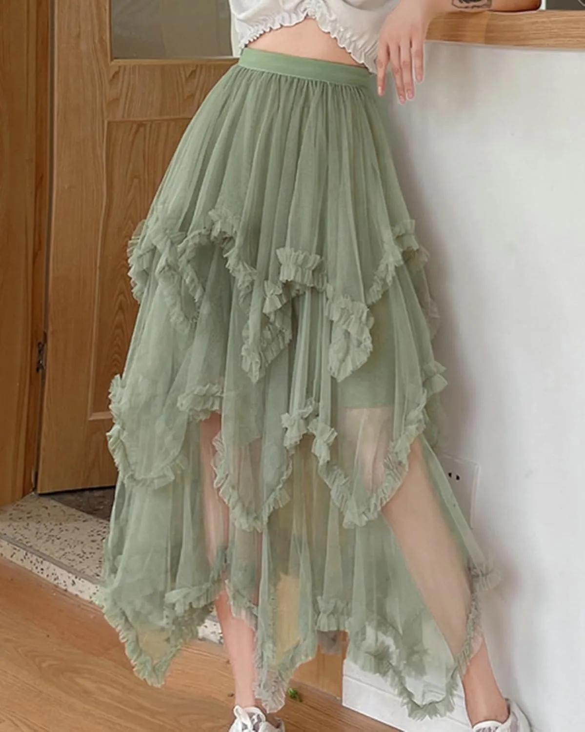 Women's Tulle Skirt A-Line Midi Skirts Irregular Underskirt Ladies Elegant Layered Skirt for Wedding Party Prom